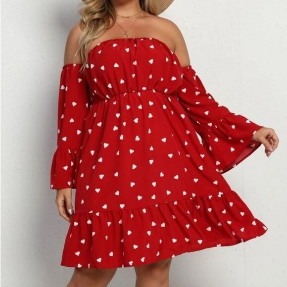 SHEIN Dresses & Skirts - Shein Curve + Plus Allover Heart Print Ruffle Hem Bardot Red Mini Dress 1XL